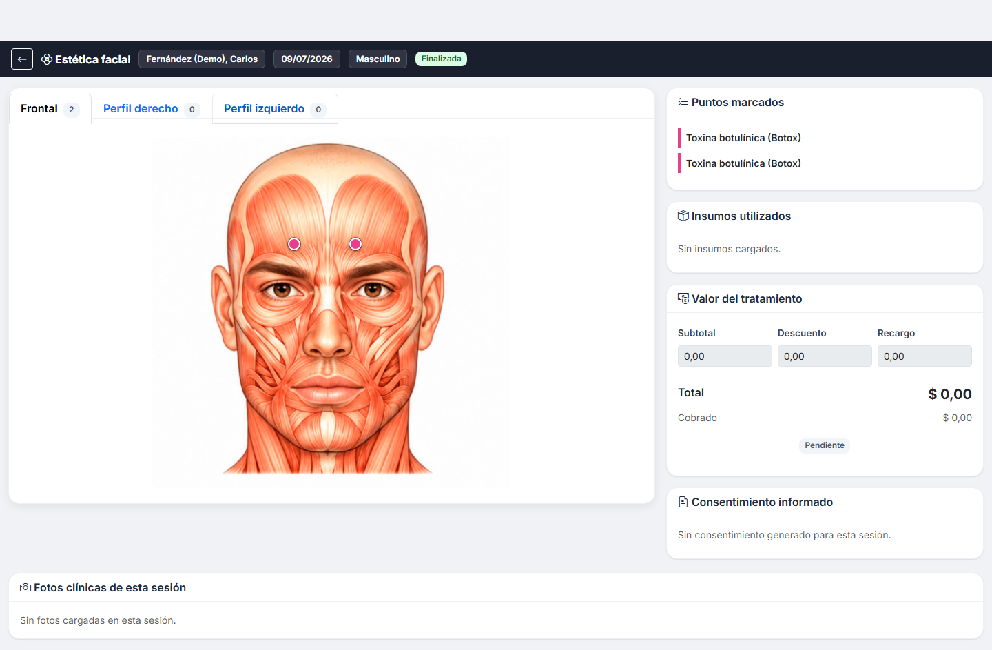 Mapa facial interactivo del módulo de estética de VecDent